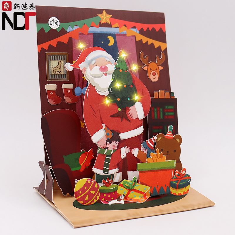 厂家定制圣诞老人礼品贺卡发光发声 卡通造型立体贺卡