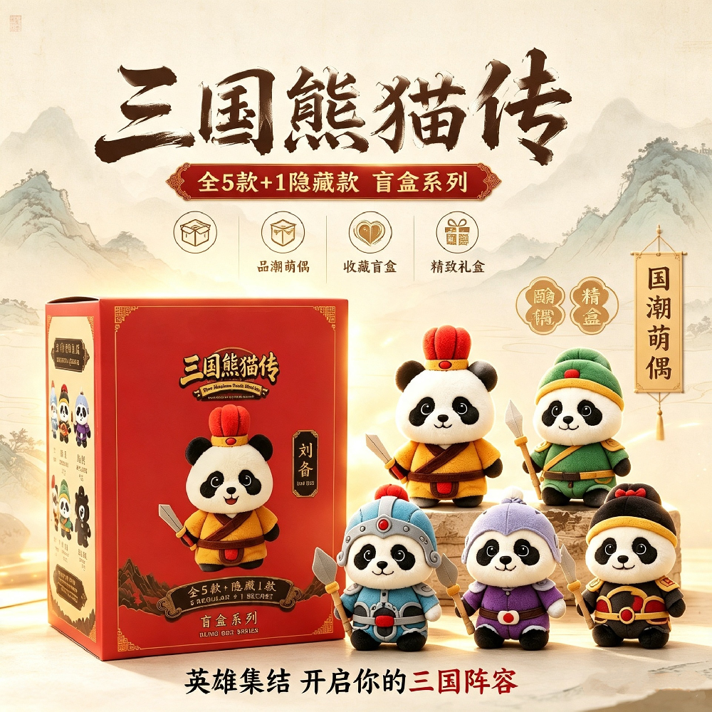 三国熊猫传毛绒盲盒：把国风三国文化，装进潮玩盲盒之中